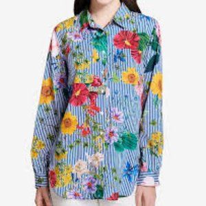 Calvin Klein LS Floral Striped Button-up Blouse M